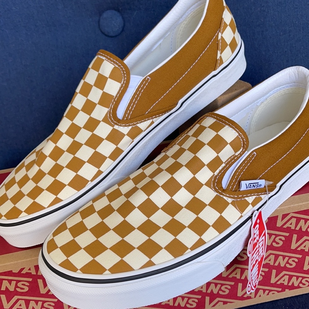 Vans Classic Slip-On Checkerboard Goldenbrown/True White MENS - Picture 8 of 16